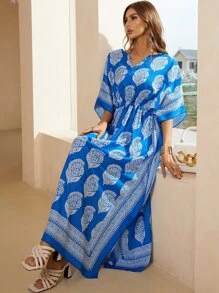 Al Najma Damask Print Batwing Sleeve Split Thigh Kaftan - Blue - View 5