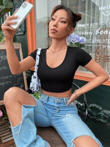 V Neck Solid Crop Tee - Black - View 3