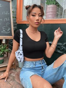 V Neck Solid Crop Tee - Black - View 5