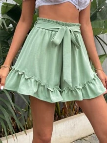 Shorts con cinturón de cintura con volante bajo con fruncido - verde menta - Ver 4
