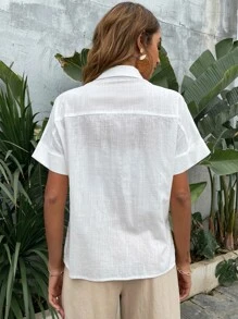 SHEIN LUNE 蝙蝠袖口袋贴布衬衫，短袖上衣