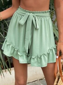 Shorts con cinturón de cintura con volante bajo con fruncido - verde menta - Ver 6