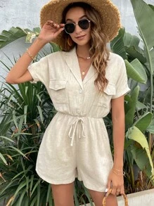 SHEIN Unity Flap Pocket Batwing Sleeve Knot Front Shirt Romper - Apricot - View 3