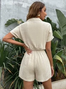 SHEIN Unity Flap Pocket Batwing Sleeve Knot Front Shirt Romper - Apricot - View 2