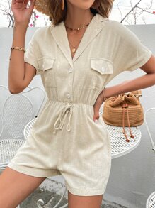 SHEIN Unity Flap Pocket Batwing Sleeve Knot Front Shirt Romper - Apricot - View 4