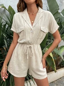 SHEIN Unity Flap Pocket Batwing Sleeve Knot Front Shirt Romper - Apricot - View 1