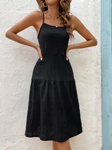 SHEIN LUNE Đầm Lộ Lưng Viên lá sen màu trơn Giải trí - màu đen - Xem 3