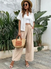 SHEIN LUNE 蝙蝠袖口袋贴布衬衫，短袖上衣