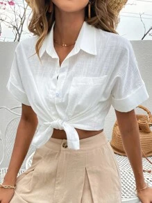 SHEIN LUNE 蝙蝠袖口袋贴布衬衫，短袖上衣