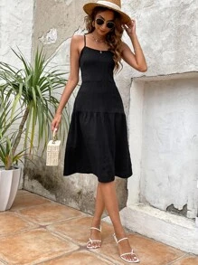 SHEIN LUNE Đầm Lộ Lưng Viên lá sen màu trơn Giải trí - màu đen - Xem 6