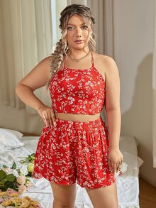 大碼小碎花露背繞頸短上衣和短褲 - 紅色 - 查看 5
