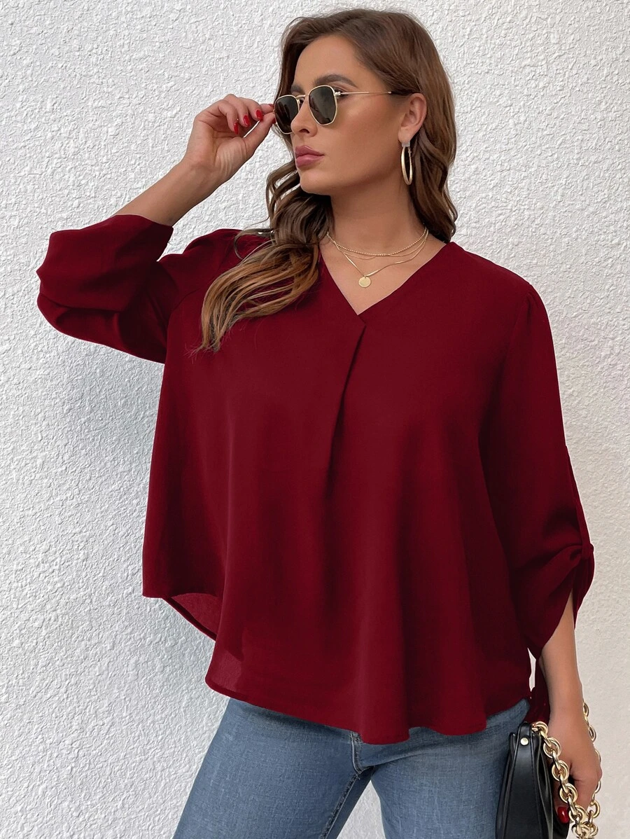 SHEIN LUNE Plus Plicated Detail Roll Tab Sleeve Blouse - Burgundy - View 1