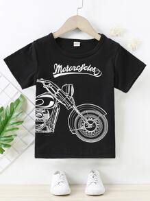 SHEIN Young Boy Letter & Motorcycle Print Tee - Black - View 1