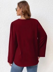 SHEIN LUNE Plus Plicated Detail Roll Tab Sleeve Blouse - Burgundy - View 2