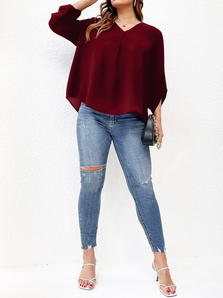 SHEIN LUNE Plus Plicated Detail Roll Tab Sleeve Blouse - Burgundy - View 3