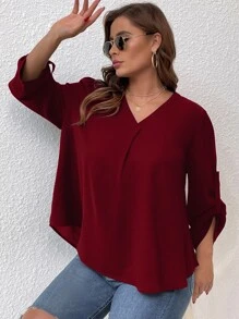 SHEIN LUNE Plus Plicated Detail Roll Tab Sleeve Blouse - Burgundy - View 4