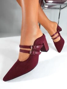 Cuccoo Buckle Decor Knit Chunky Heeled Mules - Red - View 4