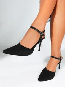 Cuccoo Knit Detail Point Toe Stiletto Heeled Ankle Strap Pumps - Black - View 1