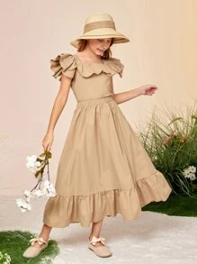 SHEIN Niñas Conjunto falda con top de cuello cuadrado con diseño fruncido - Caqui - Ver 1