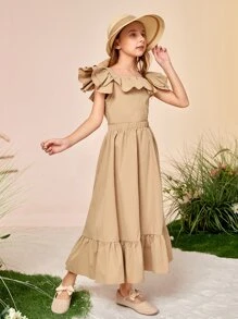 SHEIN Niñas Conjunto falda con top de cuello cuadrado con diseño fruncido - Caqui - Ver 3