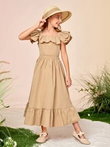 SHEIN Niñas Conjunto falda con top de cuello cuadrado con diseño fruncido - Caqui - Ver 4