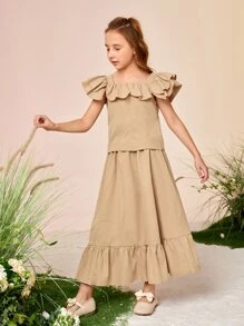 SHEIN Niñas Conjunto falda con top de cuello cuadrado con diseño fruncido - Caqui - Ver 6