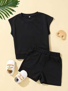 Toddler Girls Batwing Sleeve Top & Track Shorts - Black - View 1