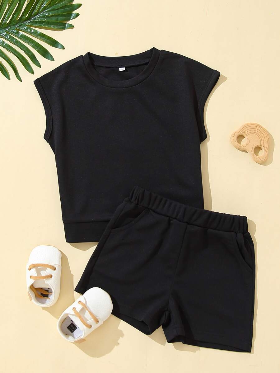 Toddler Girls Batwing Sleeve Top & Track Shorts - Black - View 1
