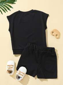 Toddler Girls Batwing Sleeve Top & Track Shorts - Black - View 2