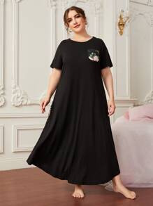 大碼印花補丁貼口袋睡裙 - 黑色 - 查看 1