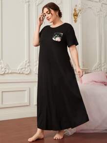 大碼印花補丁貼口袋睡裙 - 黑色 - 查看 3