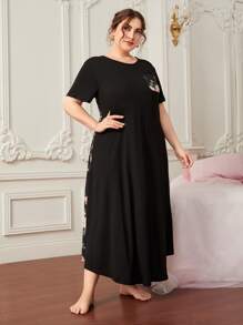 大碼印花補丁貼口袋睡裙 - 黑色 - 查看 5