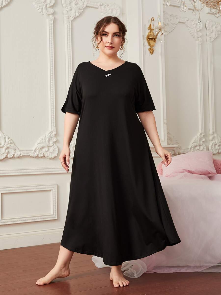 Plus Button Detail Dolman Sleeve Nightdress - Black - View 1