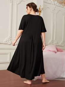 Plus Button Detail Dolman Sleeve Nightdress - Black - View 2