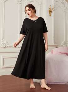 Plus Button Detail Dolman Sleeve Nightdress - Black - View 3