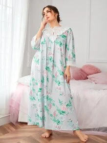 Vestido para dormir con estampado floral con bordado con ojal ribete con fruncido
