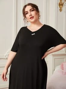 Plus Button Detail Dolman Sleeve Nightdress - Black - View 4