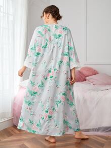 Vestido para dormir con estampado floral con bordado con ojal ribete con fruncido