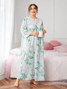 Vestido para dormir con estampado floral con bordado con ojal ribete con fruncido