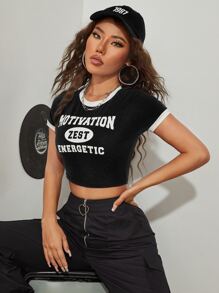 SHEIN EZwear Letter Graphic Contrast Binding Crop Tee - Black - View 1