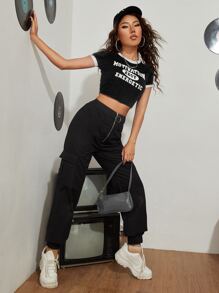 SHEIN EZwear Letter Graphic Contrast Binding Crop Tee - Black - View 3
