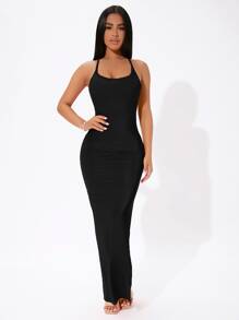 SHEIN PETITE Solid Crisscross Tie Backless Split Thigh Black Skirt Dress,Tea Party Dress,Summer Dresses For Women