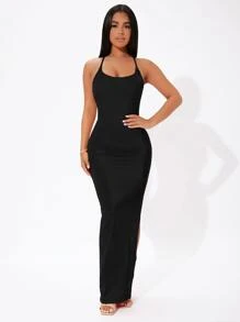 SHEIN PETITE Solid Crisscross Tie Backless Split Thigh Black Skirt Dress,Tea Party Dress,Summer Dresses For Women