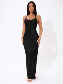 SHEIN PETITE Solid Crisscross Tie Backless Split Thigh Black Skirt Dress,Tea Party Dress,Summer Dresses For Women