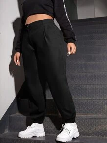 Plus High Waist Plicated Detail Joggers - Black - View 1