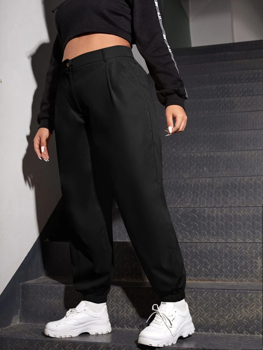 Plus High Waist Plicated Detail Joggers - Black - View 1