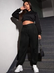 Plus High Waist Plicated Detail Joggers - Black - View 3