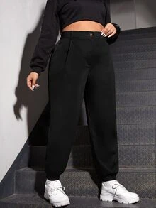 Plus High Waist Plicated Detail Joggers - Black - View 5