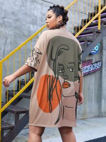 SHEIN EZwear Plus Abstract Figure Graphic Drop Shoulder Tee Dress - Multicolor - View 2