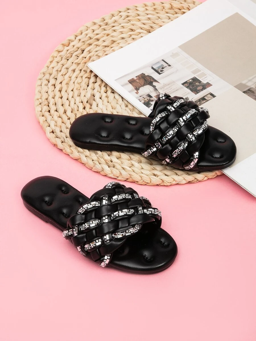 Niñas Chanclas con diseño de diamante de imitación con diseño trenzado - Negro - Ver 1
